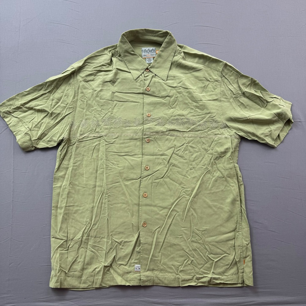 Quiksilver Edition Mens Large Green Palm Tree Embroidered Button Up Shirt L